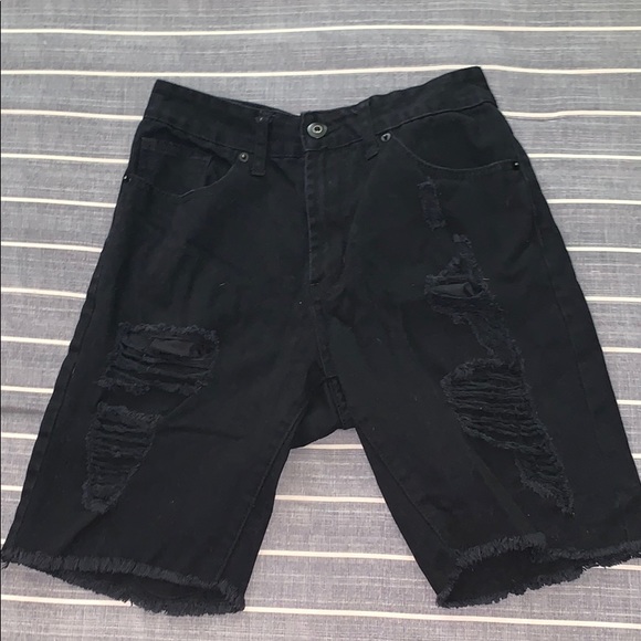 mens distressed denim shorts black